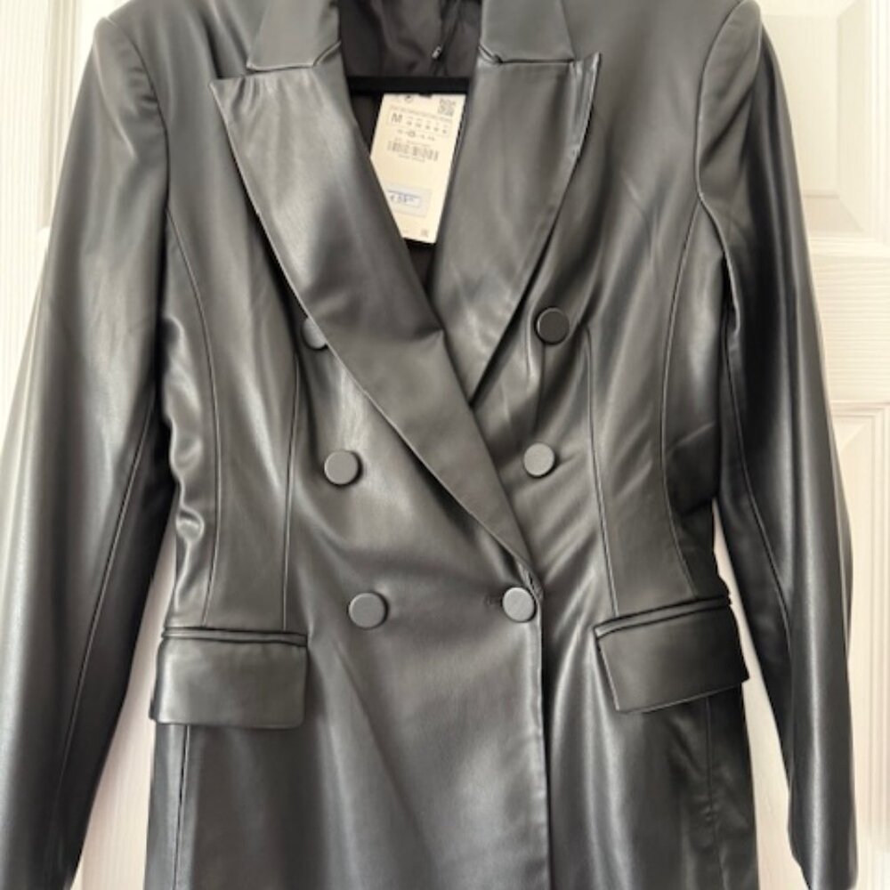 NWT Zara Faux Leather Double Breasted Blazer Black Size M - Picture 3 of 5